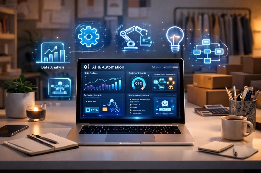 Small business using AI tools to automate marketing, customer support, and operations in a modern digital workspace