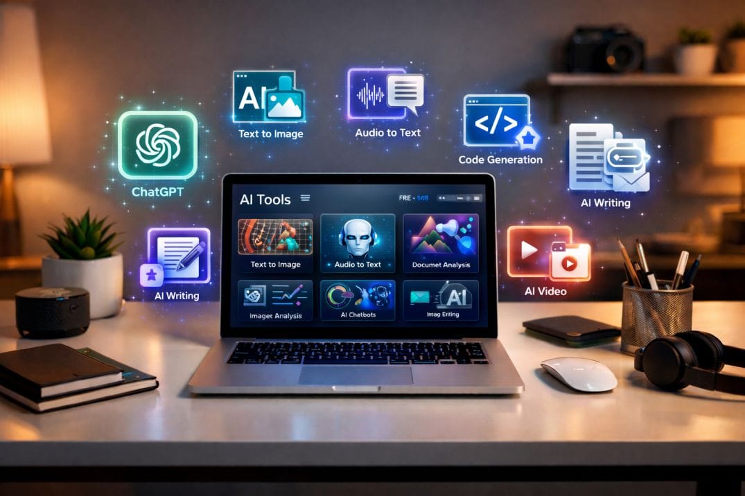 Laptop displaying multiple free AI tools for writing, design, and video creation in a modern workspace