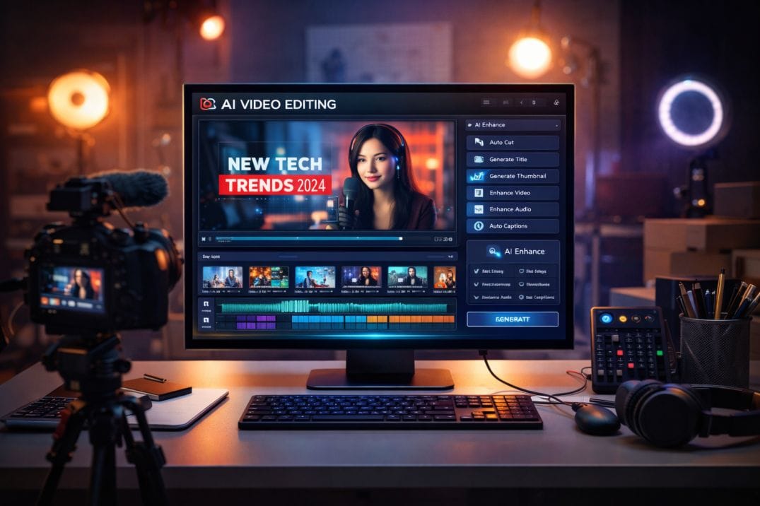 YouTuber using AI tools for video editing, thumbnails, and channel growth in a modern content creation workspace