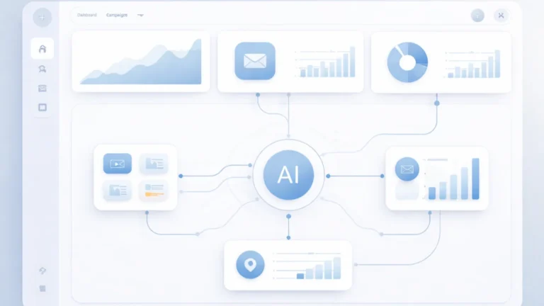 AI marketing tools automating content, email campaigns, and analytics in a modern business dashboard