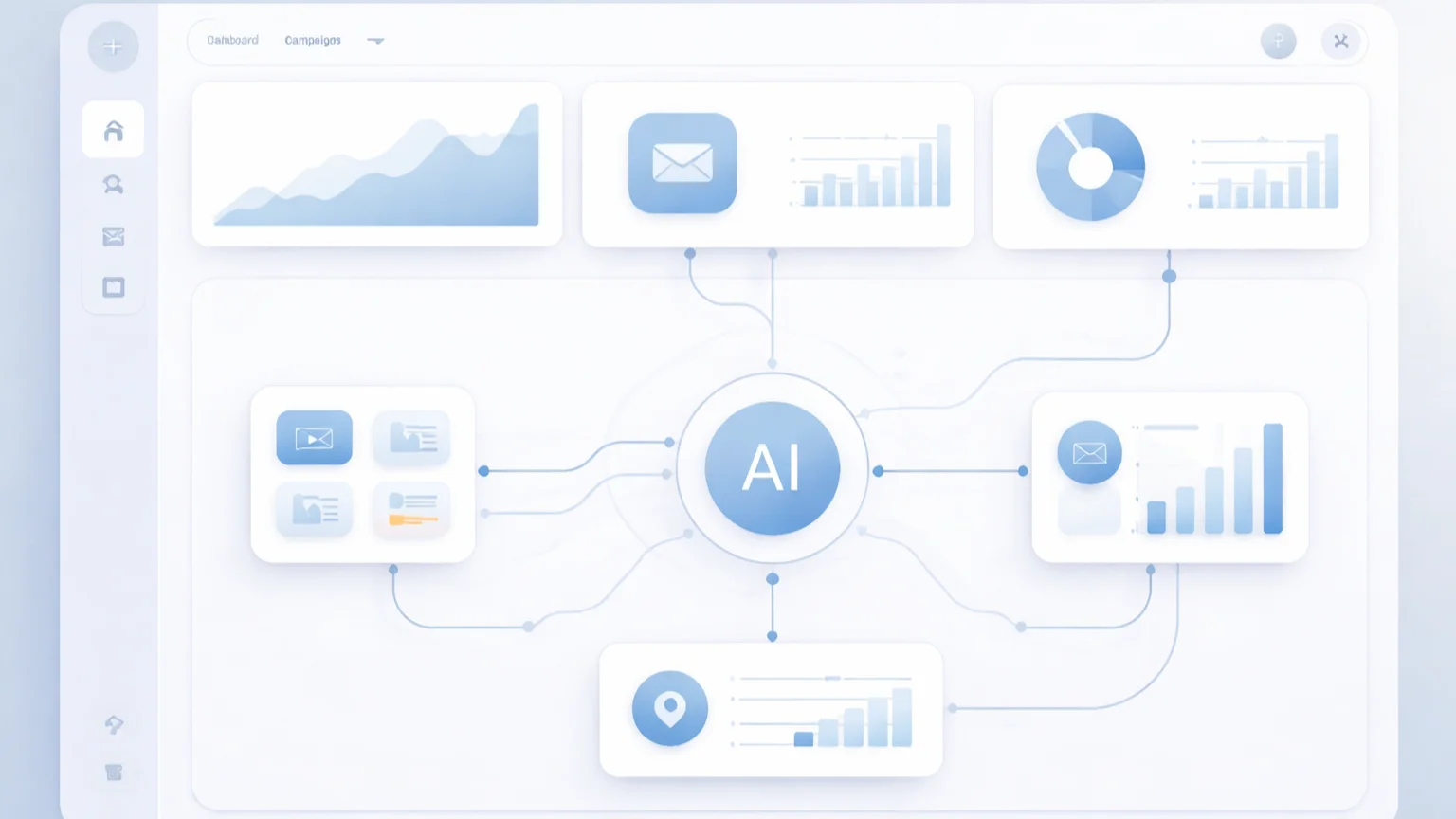 AI marketing tools automating content, email campaigns, and analytics in a modern business dashboard