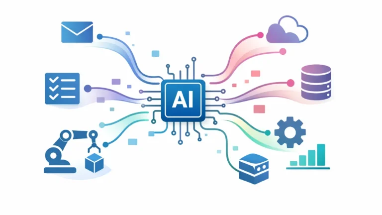 AI workflow automation system showing connected tools and data flow for automated tasks and processes