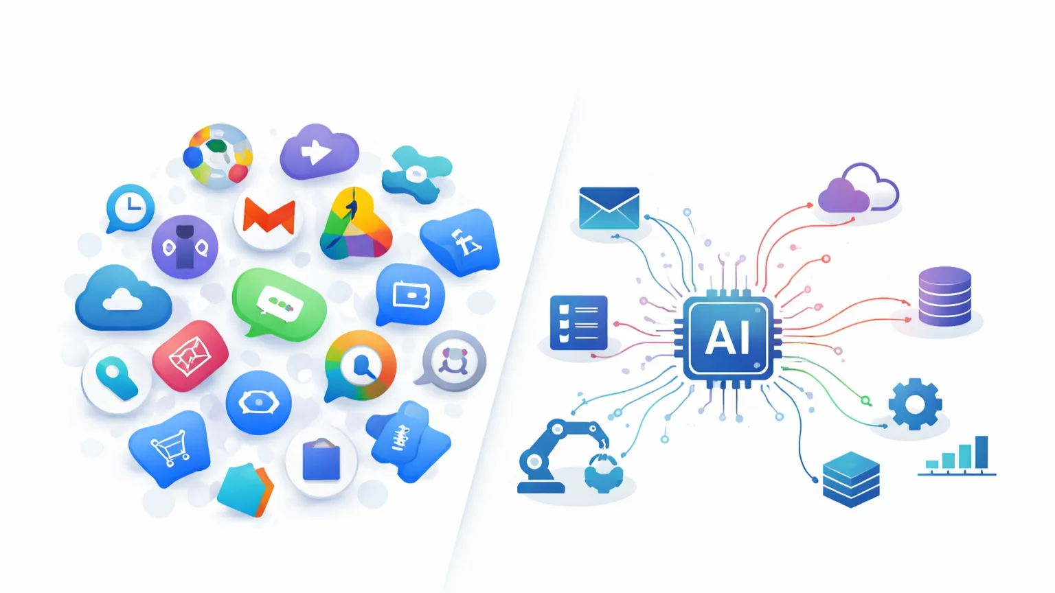 Comparison of multiple SaaS tools versus a simplified AI system showing cost reduction and workflow automation