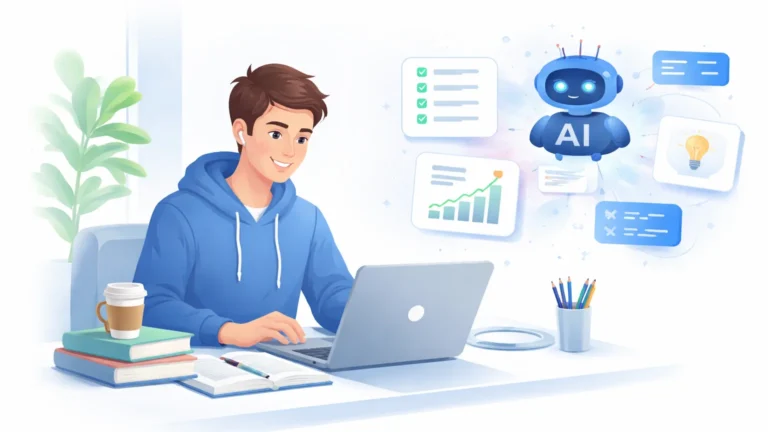 Student using AI tools on a laptop to study faster and improve productivity