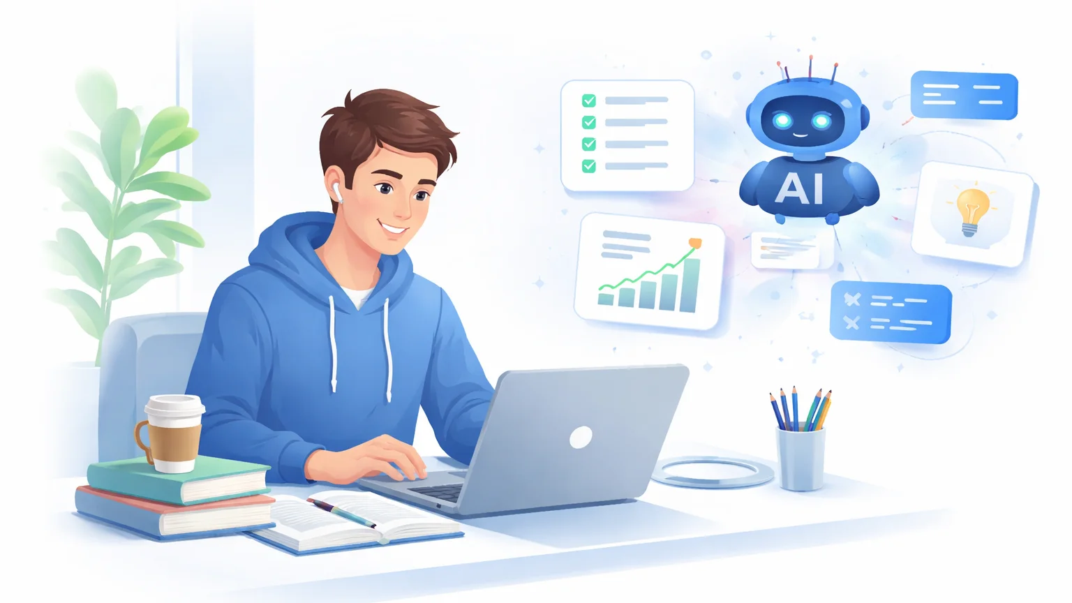 Student using AI tools on a laptop to study faster and improve productivity