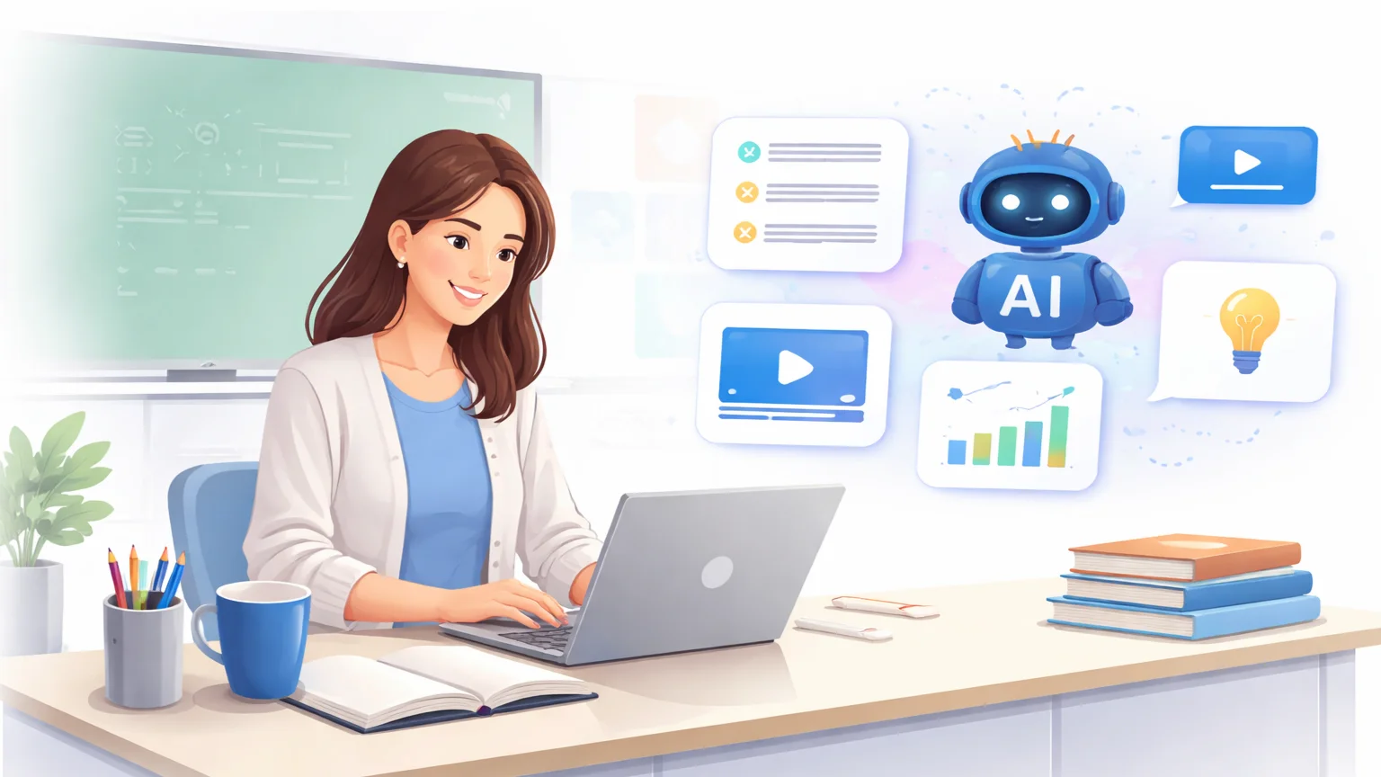 Teacher using AI tools on a laptop to create lesson plans and manage classroom tasks efficiently