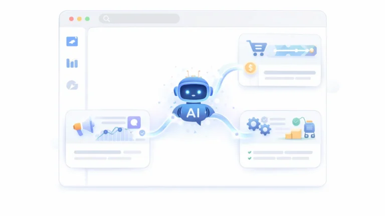 AI tools for business workflows across marketing, sales, and operations in a modern dashboard interface