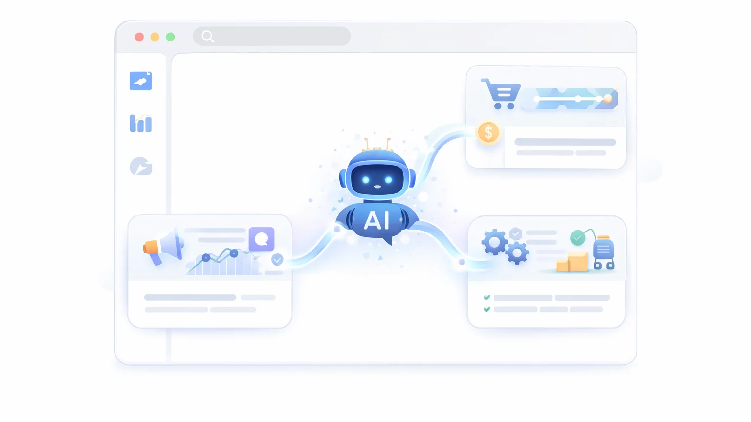 AI tools for business workflows across marketing, sales, and operations in a modern dashboard interface
