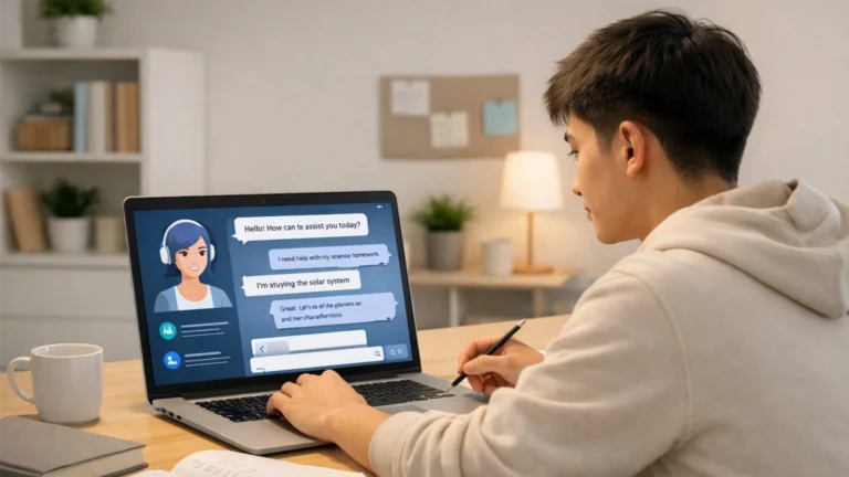 Student using AI tools on a laptop to study and learn faster in a modern educational environment